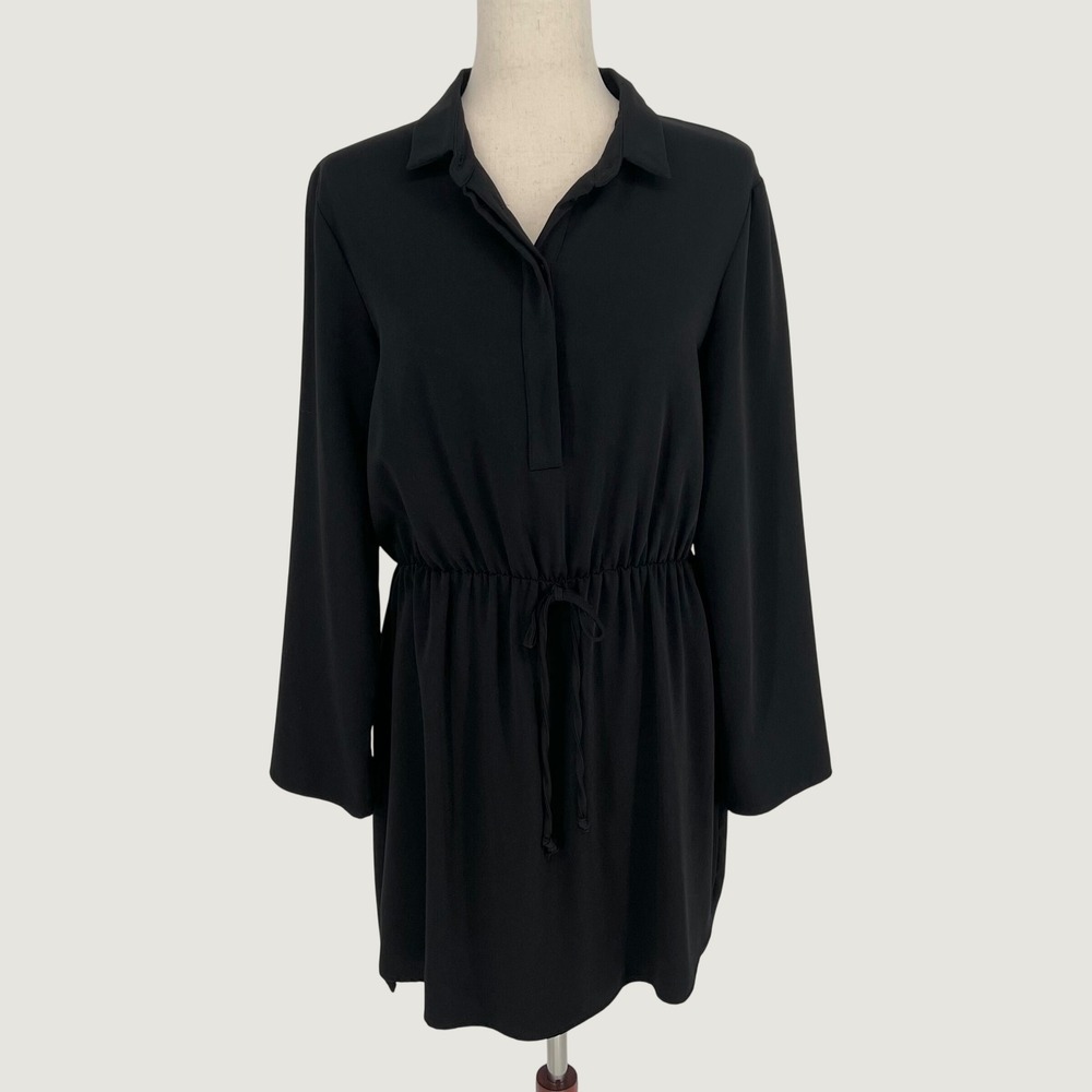Amanda Uprichard Long Sleeve Drawstring Mini Shirt Dress Size M Black Minimalist